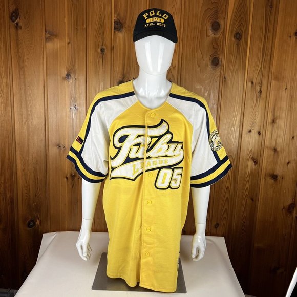 90s FUBU Jersey Baseball Button Up Mens 2XL FUBU 05 Yellow Blue Vintage Logo - Picture 2 of 9